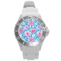 Blue & Pink Floral Round Plastic Sport Watch (l) by TanyaDraws