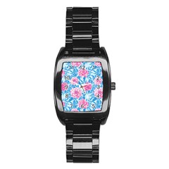 Blue & Pink Floral Stainless Steel Barrel Watch