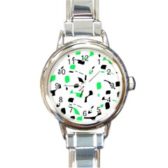 Green, Black And White Pattern Round Italian Charm Watch by Valentinaart