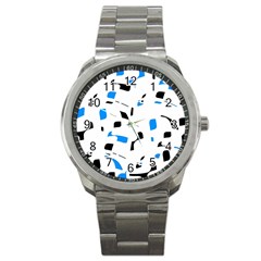 Blue, Black And White Pattern Sport Metal Watch by Valentinaart