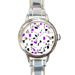 Purple, Black And White Pattern Round Italian Charm Watch by Valentinaart