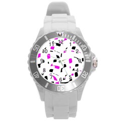 Magenta, Black And White Pattern Round Plastic Sport Watch (l) by Valentinaart