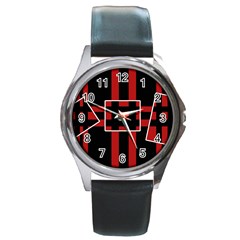 Red And Black Geometric Pattern Round Metal Watch by Valentinaart