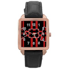 Red And Black Geometric Pattern Rose Gold Leather Watch  by Valentinaart