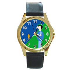 Fisherman Round Gold Metal Watch by Valentinaart