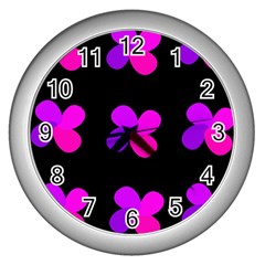 Purple Flowers Wall Clocks (silver)  by Valentinaart