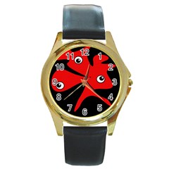 Red Amoeba Round Gold Metal Watch by Valentinaart