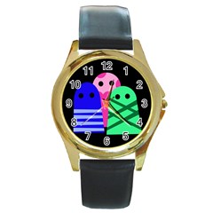 Three Monsters Round Gold Metal Watch by Valentinaart