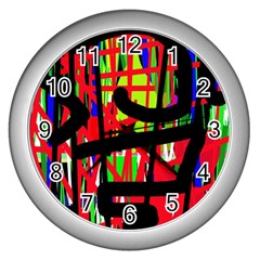 Colorful Abstraction Wall Clocks (silver)  by Valentinaart