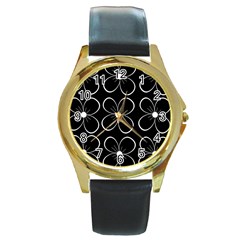 Black And White Floral Pattern Round Gold Metal Watch by Valentinaart