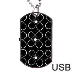 Black And White Floral Pattern Dog Tag Usb Flash (one Side) by Valentinaart