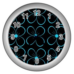 Blue Flowers Wall Clocks (silver)  by Valentinaart