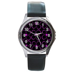 Purple Floral Pattern Round Metal Watch by Valentinaart