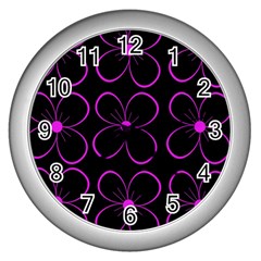 Purple Floral Pattern Wall Clocks (silver)  by Valentinaart