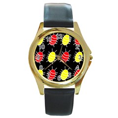 Red And Yellow Bugs Pattern Round Gold Metal Watch by Valentinaart