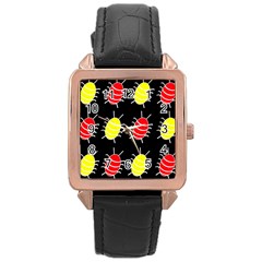 Red And Yellow Bugs Pattern Rose Gold Leather Watch  by Valentinaart