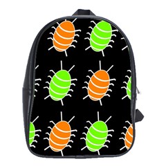 Green And Orange Bug Pattern School Bags (xl)  by Valentinaart