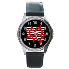 Red, Black And White Abstract Design Round Metal Watch by Valentinaart