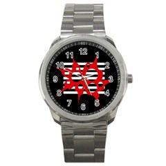 Red, Black And White Abstract Design Sport Metal Watch by Valentinaart