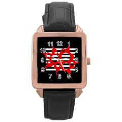 Red, Black And White Abstract Design Rose Gold Leather Watch  by Valentinaart