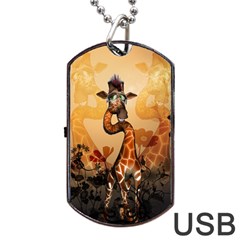 Funny, Cute Giraffe With Sunglasses And Flowers Dog Tag Usb Flash (one Side) by FantasyWorld7