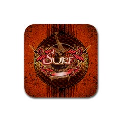 Surfing, Surfboard With Floral Elements  And Grunge In Red, Black Colors Rubber Square Coaster (4 Pack)  by FantasyWorld7