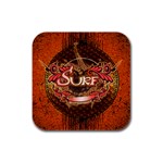 Surfing, Surfboard With Floral Elements  And Grunge In Red, Black Colors Rubber Square Coaster (4 pack)  Front