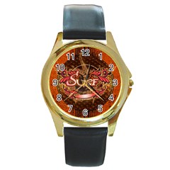 Surfing, Surfboard With Floral Elements  And Grunge In Red, Black Colors Round Gold Metal Watch by FantasyWorld7