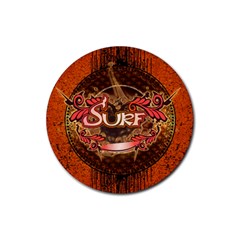 Surfing, Surfboard With Floral Elements  And Grunge In Red, Black Colors Rubber Coaster (round)  by FantasyWorld7