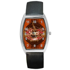 Surfing, Surfboard With Floral Elements  And Grunge In Red, Black Colors Barrel Style Metal Watch by FantasyWorld7