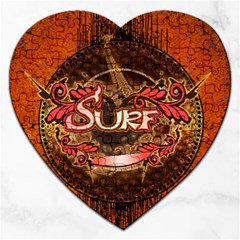 Surfing, Surfboard With Floral Elements  And Grunge In Red, Black Colors Jigsaw Puzzle (heart) by FantasyWorld7