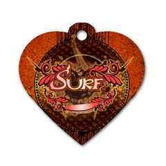 Surfing, Surfboard With Floral Elements  And Grunge In Red, Black Colors Dog Tag Heart (one Side) by FantasyWorld7