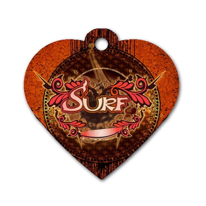 Surfing, Surfboard With Floral Elements  And Grunge In Red, Black Colors Dog Tag Heart (Two Sides)