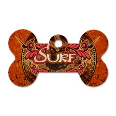 Surfing, Surfboard With Floral Elements  And Grunge In Red, Black Colors Dog Tag Bone (one Side) by FantasyWorld7