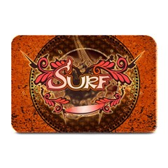 Surfing, Surfboard With Floral Elements  And Grunge In Red, Black Colors Plate Mats