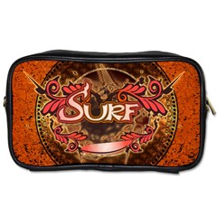 Surfing, Surfboard With Floral Elements  And Grunge In Red, Black Colors Toiletries Bags 2-side by FantasyWorld7