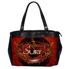 Surfing, Surfboard With Floral Elements  And Grunge In Red, Black Colors Office Handbags by FantasyWorld7