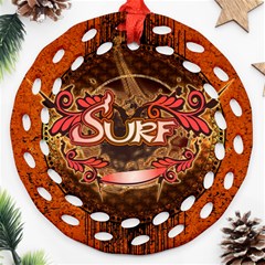 Surfing, Surfboard With Floral Elements  And Grunge In Red, Black Colors Ornament (round Filigree) 