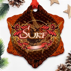 Surfing, Surfboard With Floral Elements  And Grunge In Red, Black Colors Snowflake Ornament (2-side) by FantasyWorld7