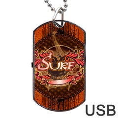 Surfing, Surfboard With Floral Elements  And Grunge In Red, Black Colors Dog Tag Usb Flash (two Sides) 