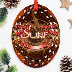 Surfing, Surfboard With Floral Elements  And Grunge In Red, Black Colors Ornament (oval Filigree)  by FantasyWorld7