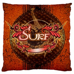 Surfing, Surfboard With Floral Elements  And Grunge In Red, Black Colors Large Cushion Case (two Sides) by FantasyWorld7