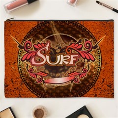 Surfing, Surfboard With Floral Elements  And Grunge In Red, Black Colors Cosmetic Bag (xxxl)  by FantasyWorld7