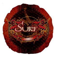 Surfing, Surfboard With Floral Elements  And Grunge In Red, Black Colors Large 18  Premium Round Cushions by FantasyWorld7