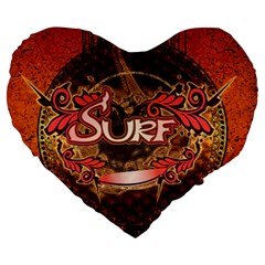 Surfing, Surfboard With Floral Elements  And Grunge In Red, Black Colors Large 19  Premium Heart Shape Cushions by FantasyWorld7