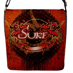 Surfing, Surfboard With Floral Elements  And Grunge In Red, Black Colors Flap Messenger Bag (s) by FantasyWorld7