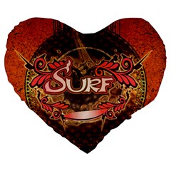 Surfing, Surfboard With Floral Elements  And Grunge In Red, Black Colors Large 19  Premium Flano Heart Shape Cushions by FantasyWorld7