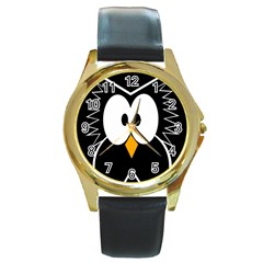 Black Owl Round Gold Metal Watch by Valentinaart