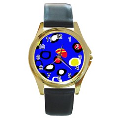 Blue Pattern Abstraction Round Gold Metal Watch by Valentinaart