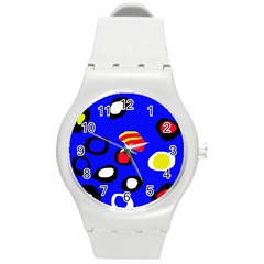 Blue Pattern Abstraction Round Plastic Sport Watch (m) by Valentinaart